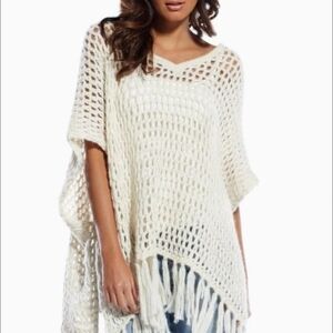 INC International Concepts Cream Open-Knit Fringe Poncho 100% Cotton